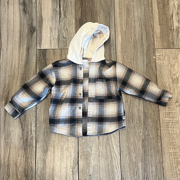 Plaid Hooded Kids Shirt - Black and Cream - Picture 1 of 4
